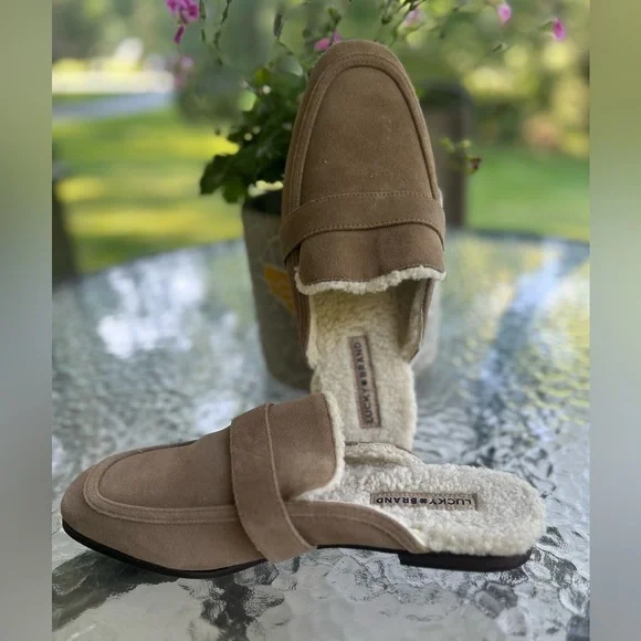 NWOT-Lucky Brand Brown Suede Loafers with Shearling-size 10 - Picture 1 of 5